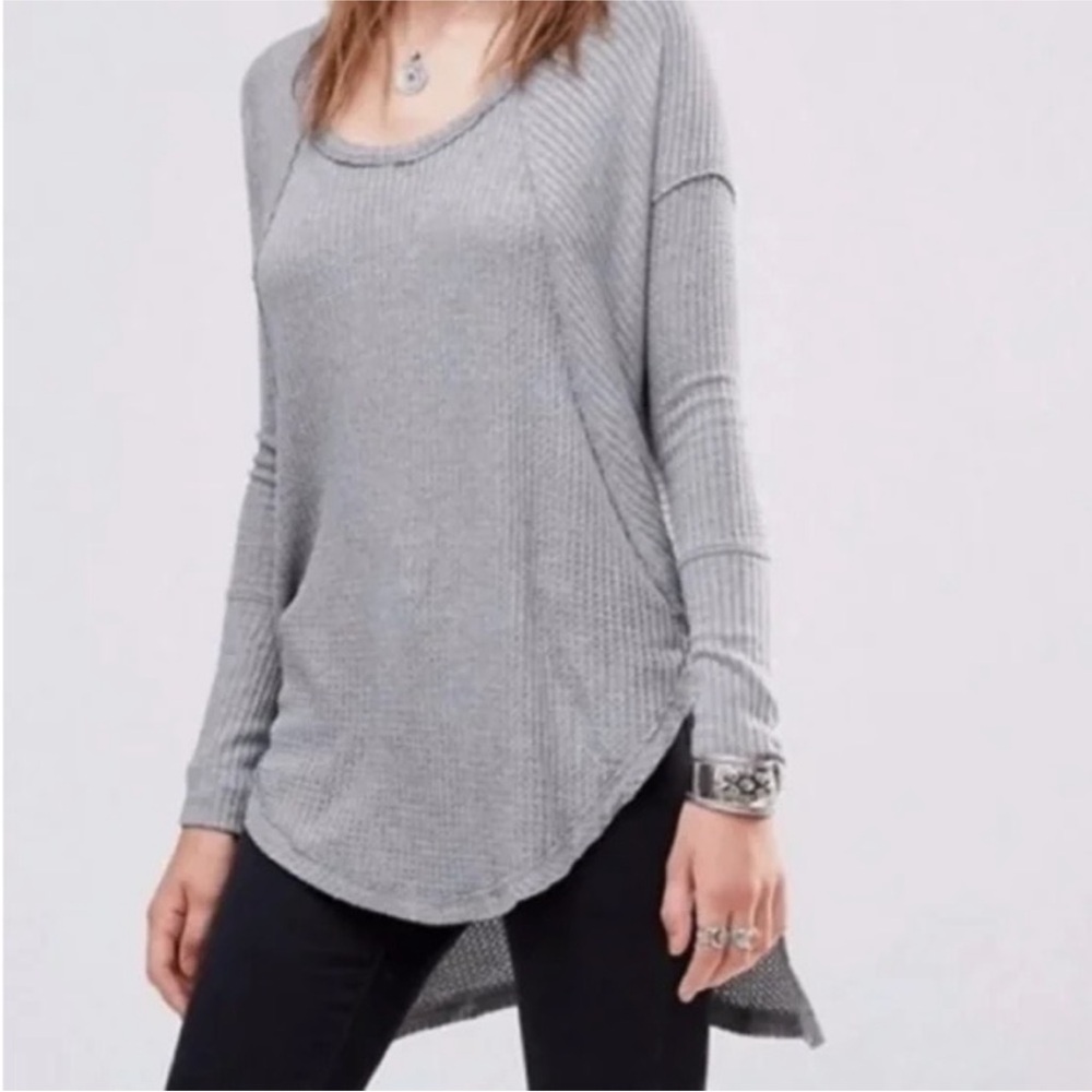 Free People Gray Ventura Raglan Waffle Knit Thermal Top Long Sleeve Size Small
